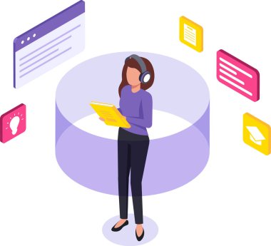 Kulaklık takan kadın internetten öğreniyor, dizüstü bilgisayar tutuyor ve eğitim, fikir ve belgeleri temsil eden ikonlar ile çevrili, çevrimiçi eğitimi ve öğrenmeyi sembolize ediyor