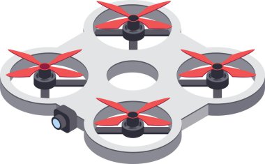 Dört kırmızı pervane ve bir monte kameradan oluşan bir kuadkopter dronun Isometric çizimi. Drone tasarımı gelişmiş teknolojiyi ve hava fotoğrafçılığını vurguluyor.