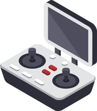 Çift kumandalı modern bir dron kontrolörünün Isometric çizimi ve hava fotoğrafçılığı ve videografide kesin navigasyon ve kontrol için tasarlanmış bir ekran.