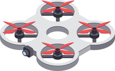 Beyaz arka planda asılı duran kırmızı pervaneli modern kuadkopter drone, hava fotoğrafçılığı ve çeşitli uygulamalar için gelişmiş kamera teknolojisine sahip