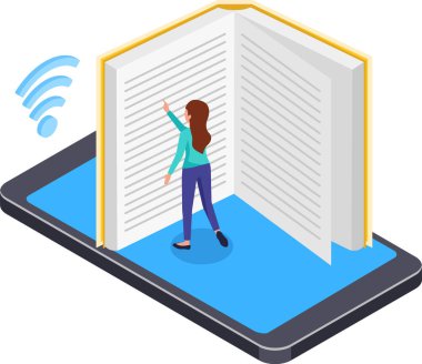 Çevrimiçi eğitim konsepti, akıllı telefondan büyük bir kitapla meşgul olan, çevrimiçi bir kütüphaneden yararlanan ve mobil internet erişimi yoluyla okuyan bir öğrenciyi içeriyor.