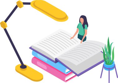 Genç bir kadın ayakta duruyor ve diğer kitapların üzerine açık bir kitap okuyor, bir masa lambası ışığı altında, yanında bir bitki, çalışıyor ve öğreniyor, izometrik illüstrasyon