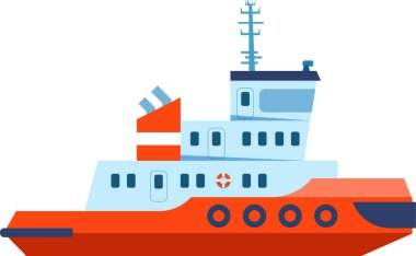 Turuncu ve mavi römorkör beyaz arka planda, deniz taşımacılığı, ticari nakliye, lojistik ve dağıtım konsepti, düz tasarımda vektör çizimi