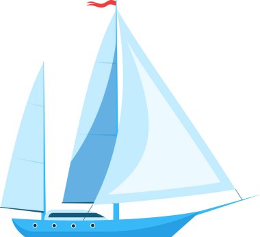 Illustration of a sleek blue sailboat with large billowing sails and a red flag. The minimalist design highlights the nautical theme, ideal for marine related projects and designs clipart