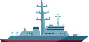 Gelişmiş radar sistemleri ve iletişim ekipmanlarının bulunduğu modern bir donanma savaş gemisinin tasviri. Gemi deniz savunma ve askeri operasyonlar için tasarlandı.