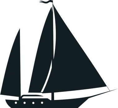 Suda süzülen bir yelkenlinin olduğu siyah ve beyaz vektör çizimi, siyah yelkenleri tamamen açılmış ve direğin tepesinde çırpınan küçük bir flama.