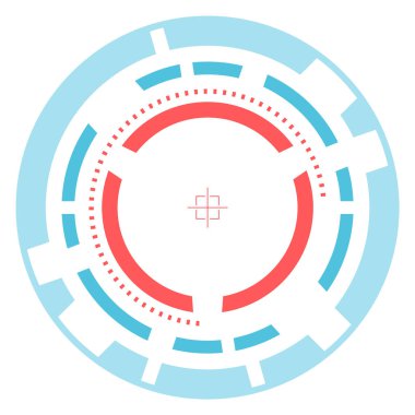 İlerleme, teknoloji ve hedef alma, kullanıcı arayüzleri veya oyun tasarımı için uygun, kırmızı ve açık mavi eşmerkezli hedef simgesi ve merkezde bir çapraz-gölge ile gelecekçi yükleme simgesi