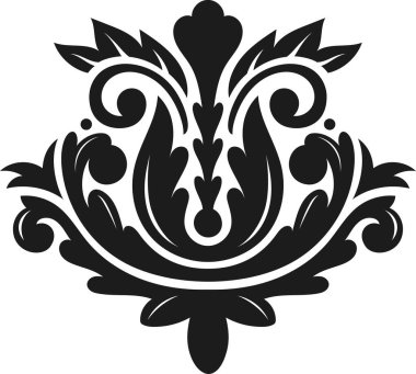 Akanthus yaprakları, çiçek motifleri ve süslü tomarlar içeren simetrik siyah ve beyaz damaske deseni, çeşitli dekorlar için lüks ve klasik bir tasarım sunuyor.