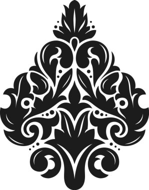 Siyah ve beyaz renkli simetrik damaske deseni, karmaşık çiçek motifleri ve zarif eğriler sergiliyor, çeşitli dekoratif amaçlar için karmaşık ve zamansız bir tasarım yaratıyor.