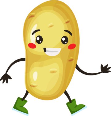 Yeşil çizme giyen neşeli, antropomorfik patates, mutlu bir şekilde yürüyor ve elini uzatıyor, dostça ve kaprisli bir sahne yaratıyor.