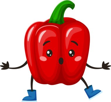 Mavi çizme giyen, kolları ve bacakları olan, beyaz arka planda izole edilmiş, sağlıklı beslenme ve vejetaryen yaşam tarzı projeleri için mükemmel bir kırmızı çan biberi çizgi filmi çizimi.