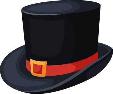 Beyaz arka planda duran kırmızı kurdeleli ve altın tokalı siyah silindir şapka, klasik zarafet ve entelektüelliği temsil etmek için mükemmel.