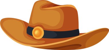 Geniş kenarlı kahverengi kovboy şapkası ve dairesel süslemeli dekoratif bir bant. Batılı ikonik aksesuar macerayı ve sert stili simgeliyor.