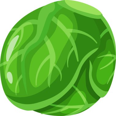 Canlı bir Brüksel lahanasını tasvir eden karikatür çizimi taze yeşil rengini ve eşsiz dokusunu vurguluyor sağlıklı bir diyet ve vejetaryen yaşam tarzının faydalarını vurguluyor.