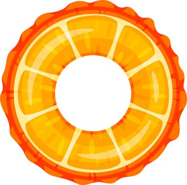Turuncu şekilli şişme havuz yüzüğünün canlı bir çizimi. Tasarım turuncu ve sarı renkli canlı tonlara sahip, dairesel, boş merkezli bir turunçgil dilimine benziyor.