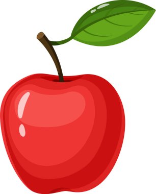 Olgun, parlak, yeşil yapraklı ve kahverengi saplı bir elmanın çizgi film stili çizimi sağlıklı beslenmeyi ve tazeliği ve doğal iyiliği temsil ediyor.