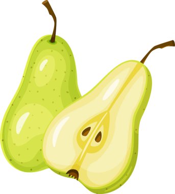 Yarım bir armut ile birlikte yeşil bir armut içeren renkli bir çizim, çekirdeğini ve tohumlarını ortaya koyuyor, hepsi temiz beyaz bir arkaplana karşı kurulmuş.