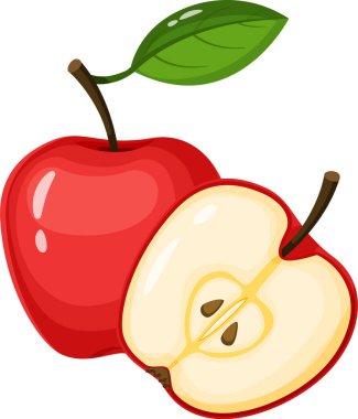 Tohumları gösteren yeşil yapraklı ve yarım kırmızı elmalı tam kırmızı elma, sağlıklı beslenme alışkanlıklarını geliştirmek için ideal tazeliği ve sağlığı temsil eder.