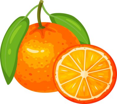 Olgun turuncu ve canlı yeşil yapraklar mükemmel dilimlenmiş bir bölümle sunuluyor. Meyve dokusunun sulu, sulu dokusunu ve bölümlerini ortaya çıkarıyor.