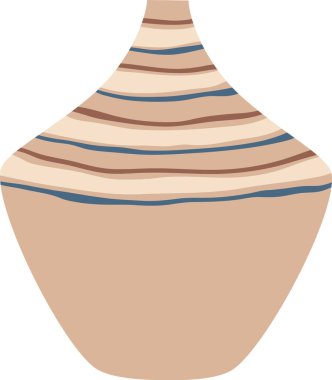 Beyaz arka plana yerleştirilmiş mavi ve kahverengi çizgili bej vazo, modern ve minimalist zarafetiyle ev dekorasyonu ve iç tasarım projelerini geliştiriyor.