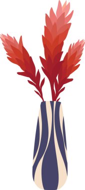 Şık, modern çizgili bir vazoda açan canlı kırmızı tropikal çiçekler zarafet ve doğal güzellikle iç tasarımı geliştirir. Ev dekorasyonu için mükemmeldir.