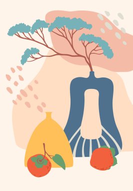 Bir hurma, mavi bir vazoda bir bonsai ağacı, sarı bir vazo ve modern ve sanatsal bir estetik yaratan soyut şekiller içeren minimalist natüralist bir yaşam bileşimi