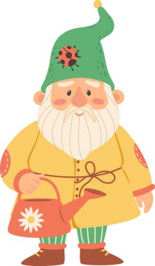 Yeşil şapkalı, uğurböceği, sarı ceketli ve çizgili pantolonlu sevimli çizgi film cücesi elinde beyaz papatyalı turuncu sulama kutusu, beyaz arka planda izole edilmiş.