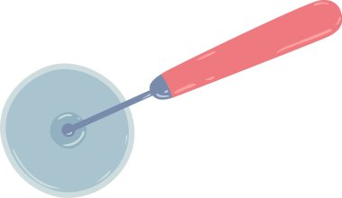 Pembe saplı yuvarlak pizza kesicisi lezzetli bir pizzayı dilimliyor, temiz beyaz bir arka plana karşı basit bir vektör çizimi sunuyor.