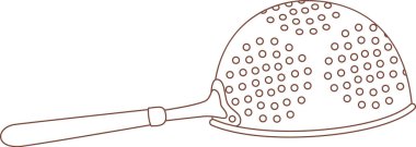 Kahverengi bir mutfak süzgeci, yuvarlak delikler ve uzun bir kol içeren basit bir çizgi çizimi, malzemeleri filtrelemek ve sıvıları verimli bir şekilde boşaltmak için mükemmel.