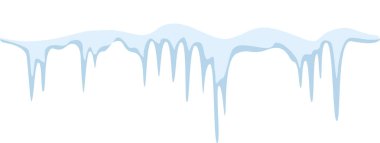 Soğuk kış mevsiminde karlı çatıdan sarkan parlak, açık mavi buz saçaklarının kusursuz sınırı güzel bir kış manzarası yaratır.