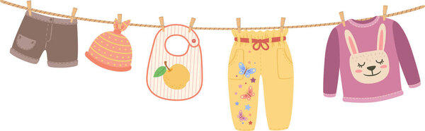 Детская одежда висит на веревке, включая шорты, шляпу, нагрудник, брюки и свитер с милым дизайном кролика, предлагая стирку и уход за детьми