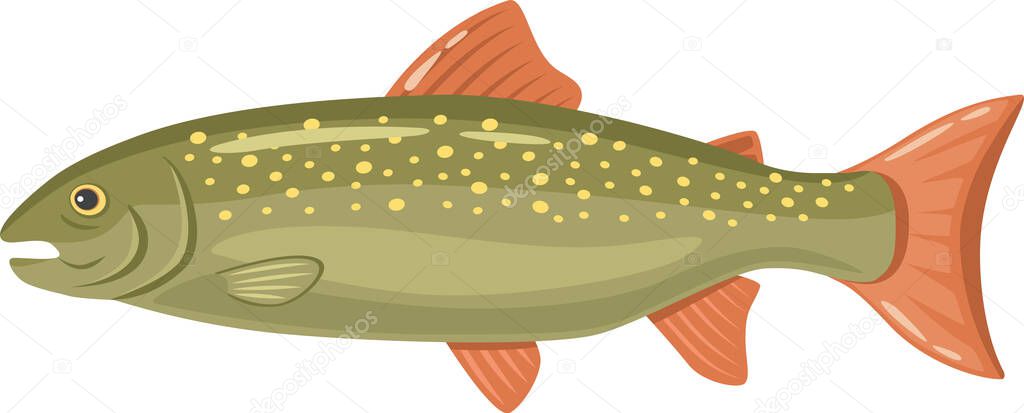 Colorful illustration of a brook trout swimming underwater, showing its fins, tail, and open mouth, ideal for fishing or wildlife related projects
