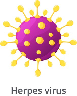 Herpes virüsü hücresi mor çekirdekli ve sarı sivri uçlu enfeksiyona neden oluyor, tehlikeli bir patojenin mikroskobik görüntüsü sağlık tehdidini temsil ediyor.