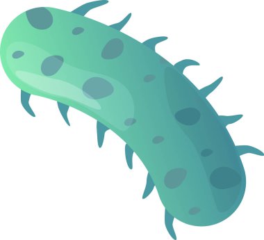 Canlı yeşil bir virüs hücresinin karikatür çizimi, zarını süsleyen küçük dikenlerle tamamlanmış, net bir görüş için temiz beyaz bir arkaplan üzerine kurulmuş.