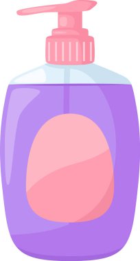 Mor plastik şeker şişesi, içinde sıvı sabun bulunan, pembe bir şeker pompası ve boş bir pembe etiket bulunan, markalaşma veya ürün bilgisi için ideal bir tasvir edilmiştir.