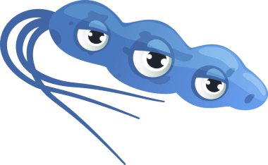 Üç gözlü, kırbaçlı ve üzgün bir ifadeye sahip mavi bir mikrop çizimi, muhtemelen bir bakteri, virüs veya diğer mikroorganizmaları temsil ediyor.