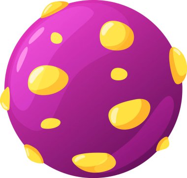 Sarı kraterli mor bir gezegenin çizgi film stili çizimi, canlı ve dünya dışı bir sahne yaratıyor, uzay temalı projeler için mükemmel.