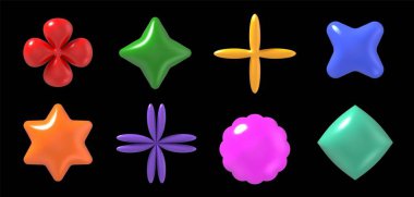 Y2k 3d şekilleri. Plastik parlak geometrik ilkel nesneler. Şişirilebilir renkli yıldızlar ve gaddar fütürist figürler. Modern minimalist pop sanat trend oyuncak vektörü seti.