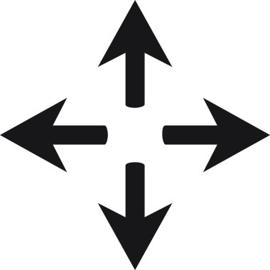 Dört kalın siyah ok tüm yönleri gösteriyor, aşağı, sol ve sağ merkezde birleşiyor, seçenekleri, navigasyonu ve keşfetmek için çeşitli yolları temsil ediyor.