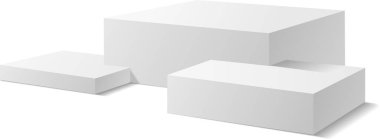 Değişen boyutlarda üç beyaz paralel ayak, ürünleri sergilemek için modern bir kaide oluşturuyor. Temiz beyaz arka planda gerçekçi gölgeler bırakıyorlar.