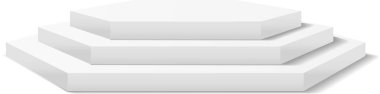 Beyaz zemin üzerinde basamaklar oluşturan üç beyaz altıgen podyum, temiz ve modern estetik ürünleri veya kavramları sergilemek için ideal