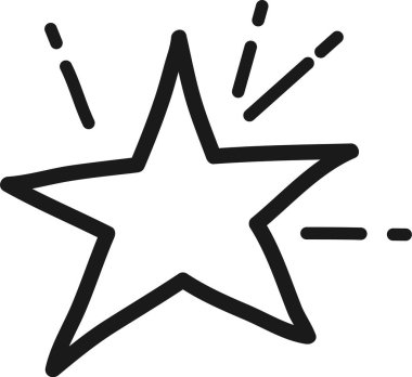 Tepeden gelen kısa çizgileri olan basit, el çizimi yıldız, parlaklığı veya parıltıyı akla getiriyor, beyaz bir arkaplanda izole edilmiş, temiz ve minimalist bir tasarım yaratıyor.