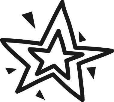 Parıltılarla çevrili beş köşeli bir yıldızın siyah çizgisi büyüleyici ve çok yönlü bir simge yaratıyor. Çeşitli tasarım projeleri ve sanatsal ifadeler için mükemmel.