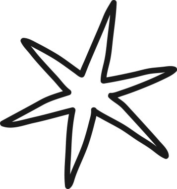 El çizimi altı köşeli yıldız, parlak beyaz bir zemin üzerinde kalın siyah çizgileriyle, çocuksu bir merak ve basit bir güzellik hissi yayarak öne çıkıyor.