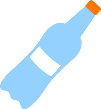 Açık mavi plastik şişenin, turuncu kapaklı ve beyaz etiketli minimalist vektör çizimi beyaz arka planda çapraz olarak yatmaktadır.