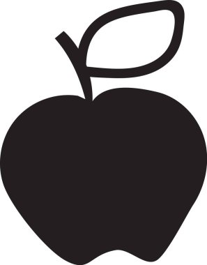 Sapı ve yaprağı olan basit siyah bir elma silueti, beyaz arka planda izole edilmiş, sağlıklı yemek, meyve ve tazelik kavramları için ideal.