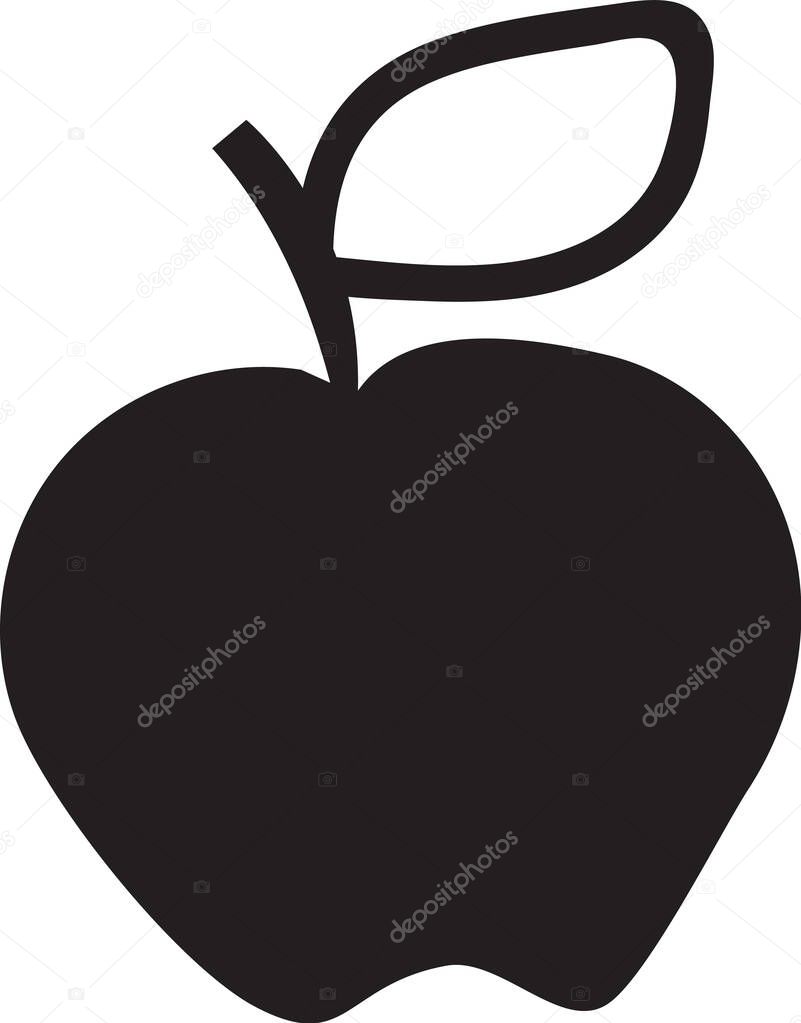 Simple black silhouette of an apple with stem and leaf, isolated on white background, ideal for healthy eating, fruit, and freshness concepts