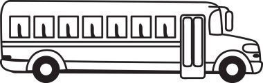 Açık kapıları olan, çocukları okula götürmeye hazır, güvenlik ve eğitimi vurgulayan basit bir okul otobüsü çizimi.