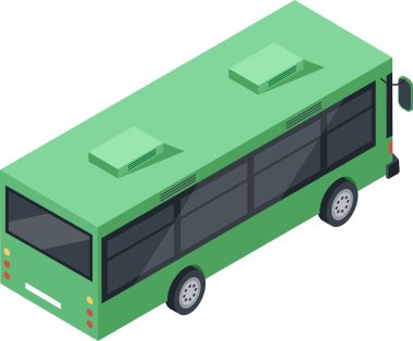 Beyaz arka plan boyunca giden yeşil izometrik şehir otobüsü, şehir ortamında yolcuları taşırken toplu taşımayı temsil ediyor, modern seyahat çözümlerini vurguluyor