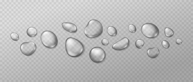 Gerçekçi su damlaları. Pencerenin ıslak yüzeyinde buğu var. 3 boyutlu temiz su damlaları ve çiy damlaları, şeffaf arkaplanda sıvı kabarcıklar. İzole damlacıklar vektör kümesi.